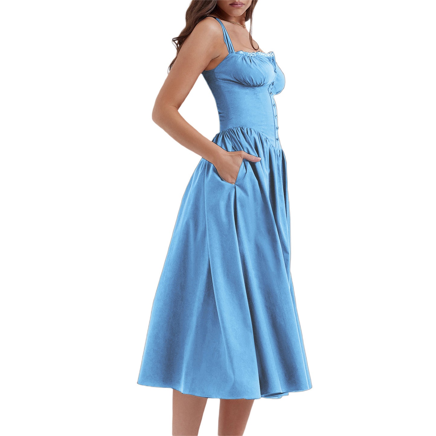 New Spring And Summer European And American Style Spaghetti Straps Chest Wrap Small Floral Solid Color Dress