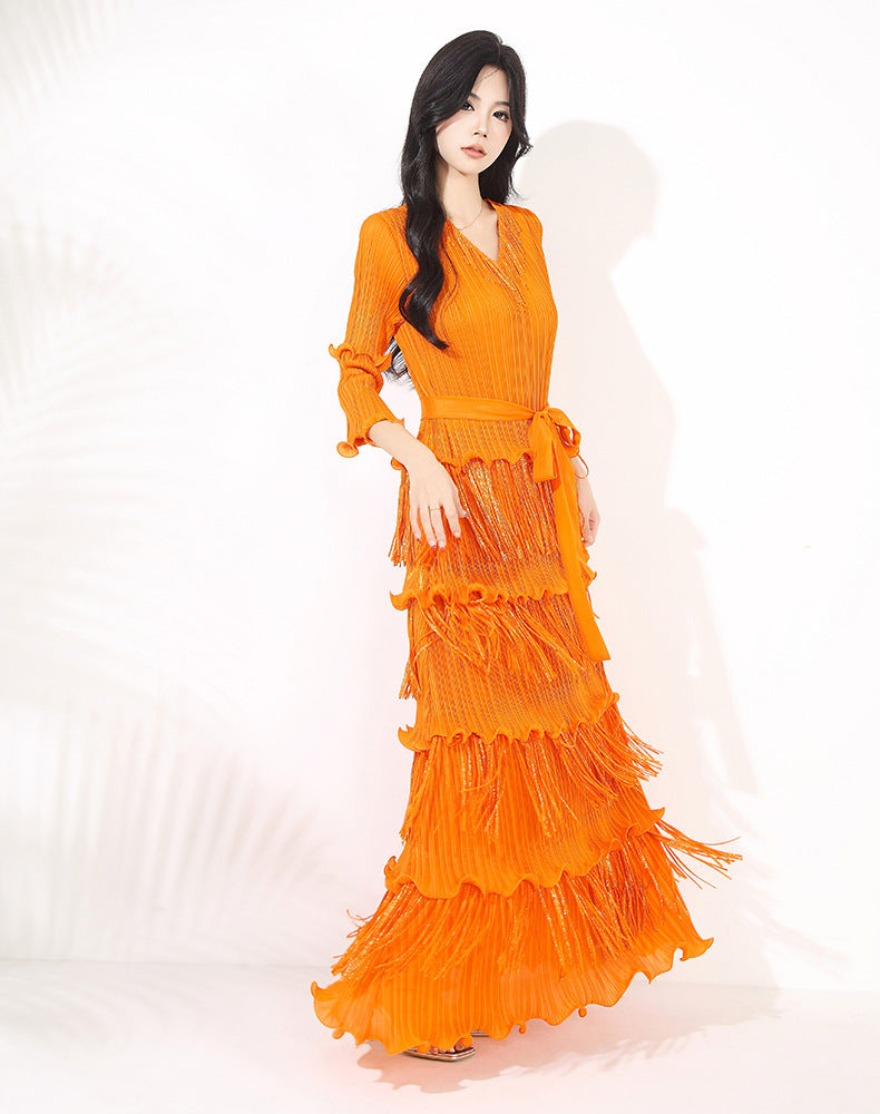 Slim-fit Slimming V-neckline Bronzing Tassel Dress