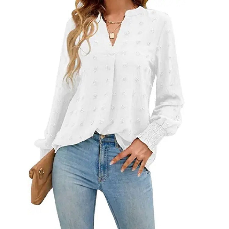 Dot Long-sleeved Bubble Sleeve V-neck Shirt Top