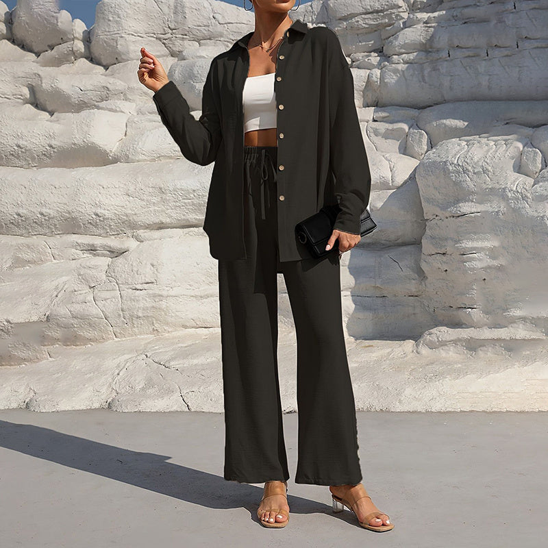 Women's Solid Color Lapel Long Sleeve Pants Set - Button-Up Casual Two-Piece Outfit With Drawstring Waist, Spring&Fall Lounge Wear