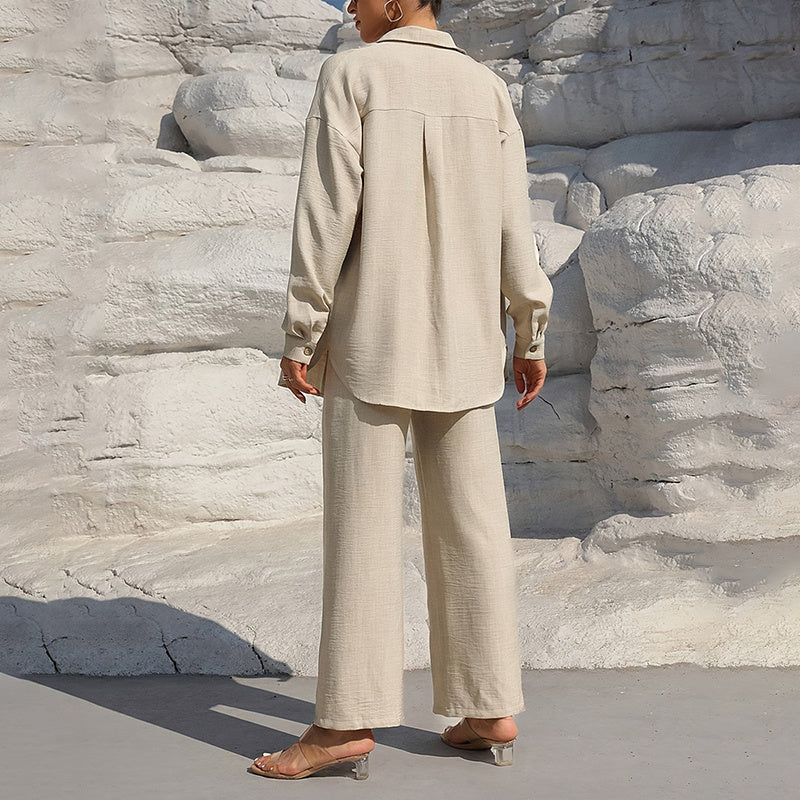 Women's Solid Color Lapel Long Sleeve Pants Set - Button-Up Casual Two-Piece Outfit With Drawstring Waist, Spring&Fall Lounge Wear