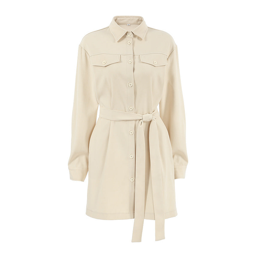 Lapel Drop Shoulder Sleeve Pocket Retro Dress Women