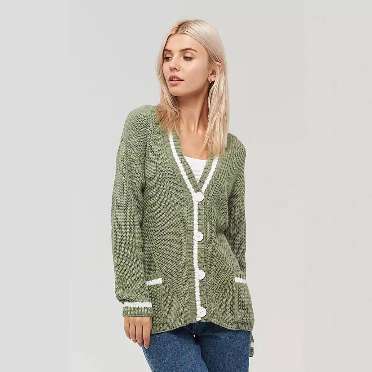 Women's All-match V-neck Pocket Color Matching Knitted Long Sleeve Sweater Coat