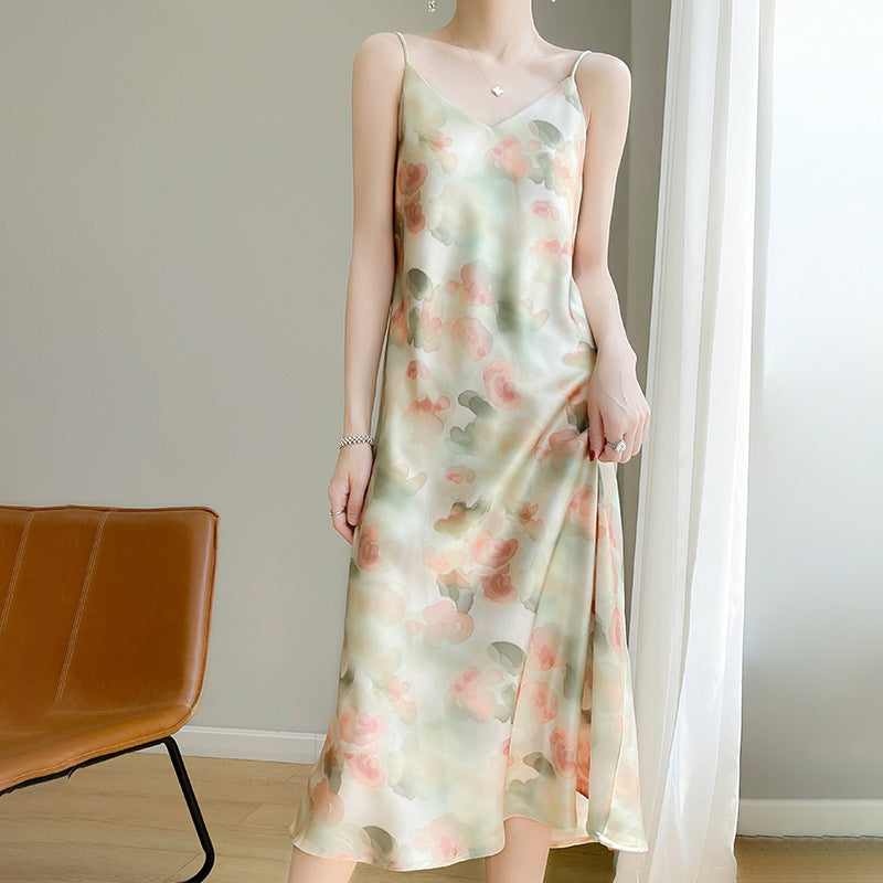 Women's V-neck Mid-length Satin Sling Dress
