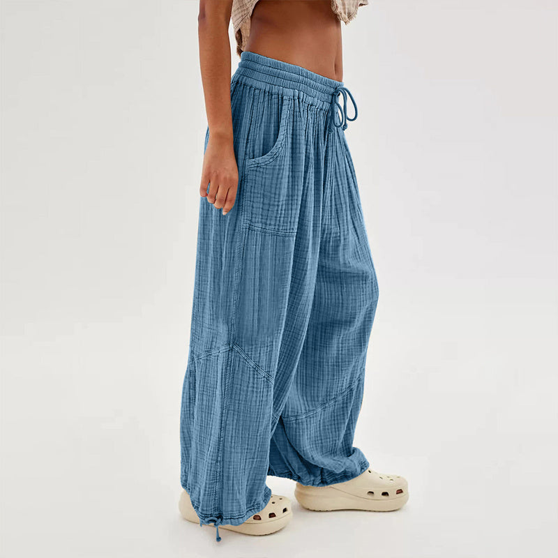 Women's Solid-color Wide-leg Pants With Elastic Drawstring Waist Elasticized Leg Cuffs Side Pockets For Spring&Fall Fashionable Simple Wear