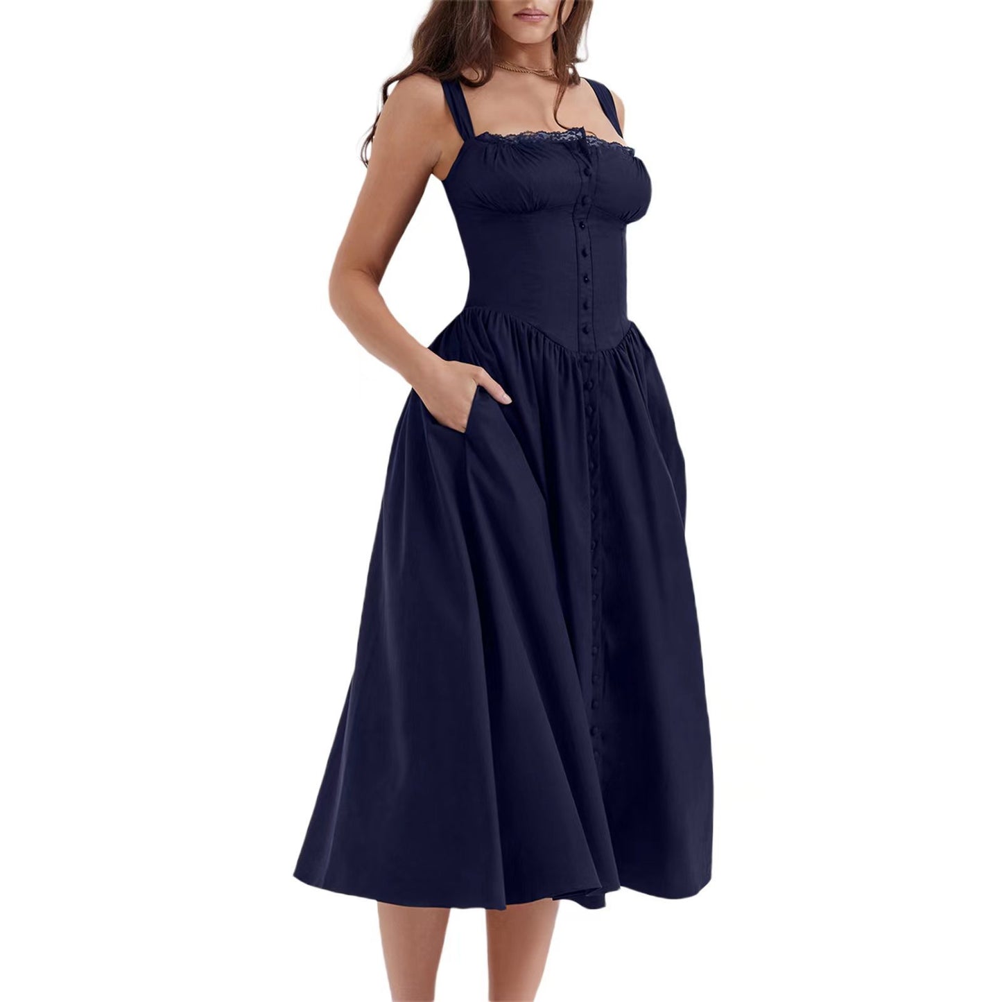 New Spring And Summer European And American Style Spaghetti Straps Chest Wrap Small Floral Solid Color Dress
