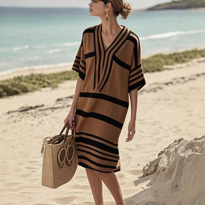 European And American Digital Printing Striped V-neck Dress