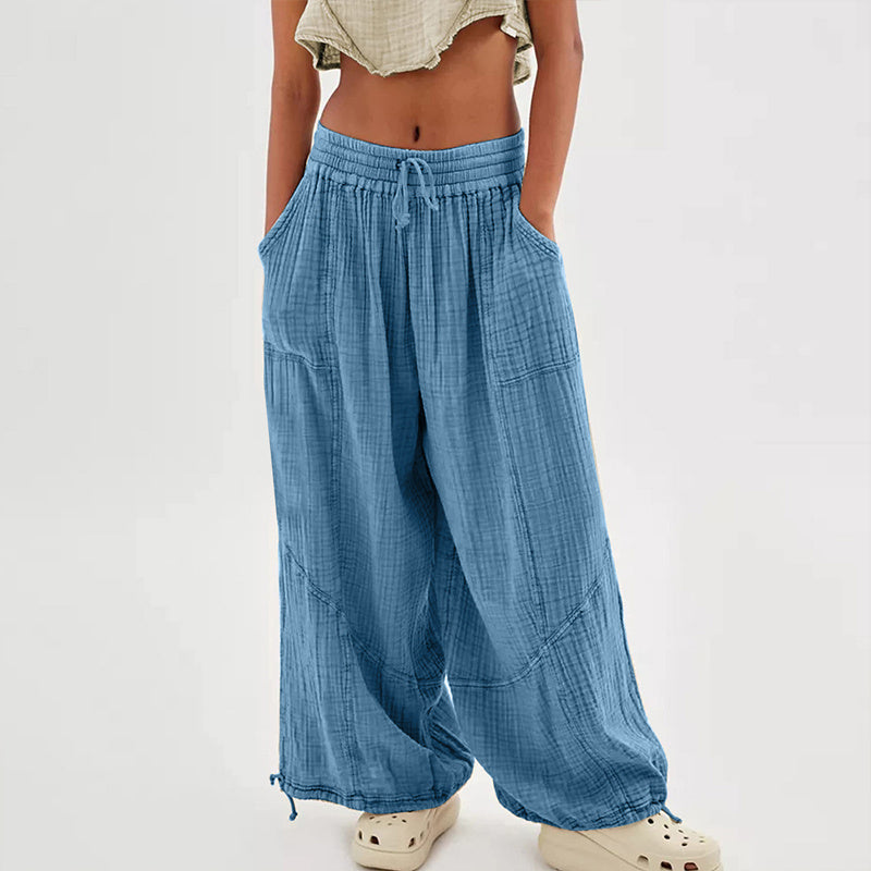 Women's Solid-color Wide-leg Pants With Elastic Drawstring Waist Elasticized Leg Cuffs Side Pockets For Spring&Fall Fashionable Simple Wear