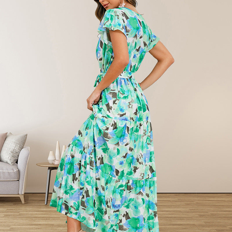 Fashion V-neck Ruffle Bohemian Printing Dress