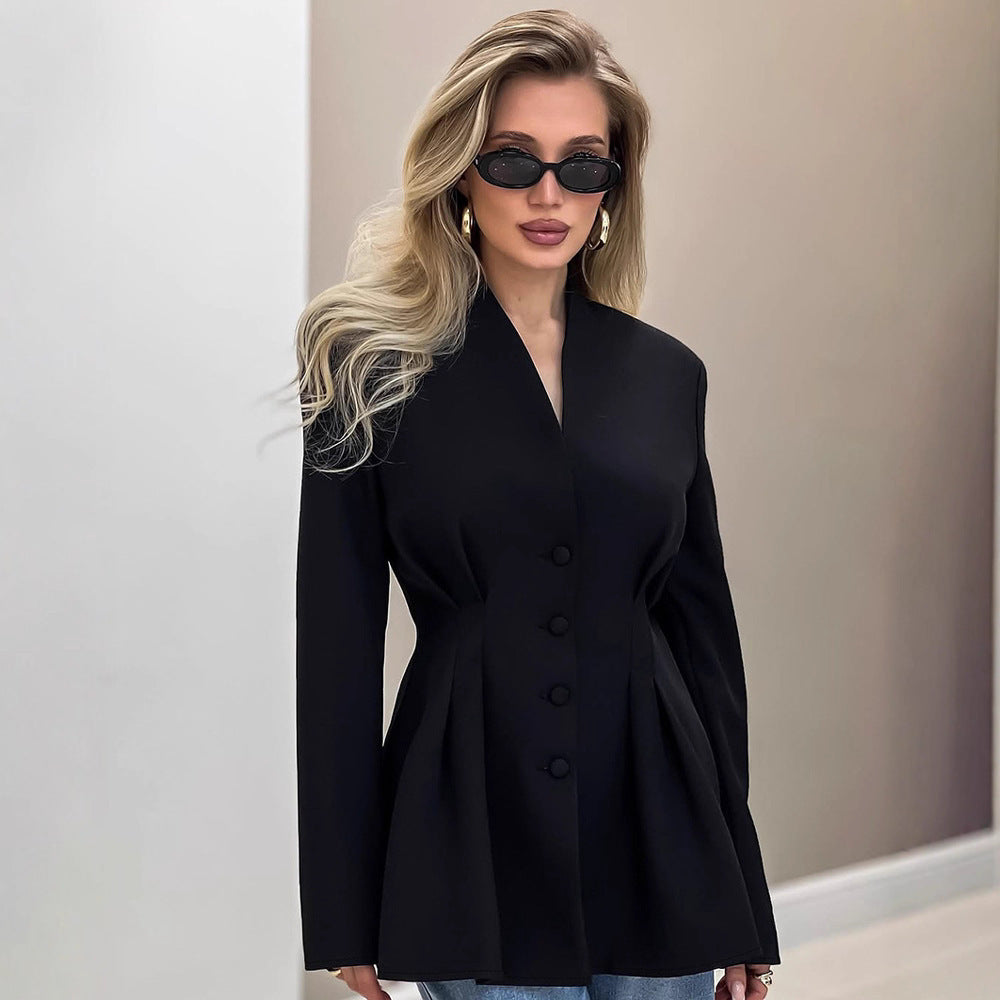 Women's Abdomen-control Black Small Suit V-neck Suit Jacket