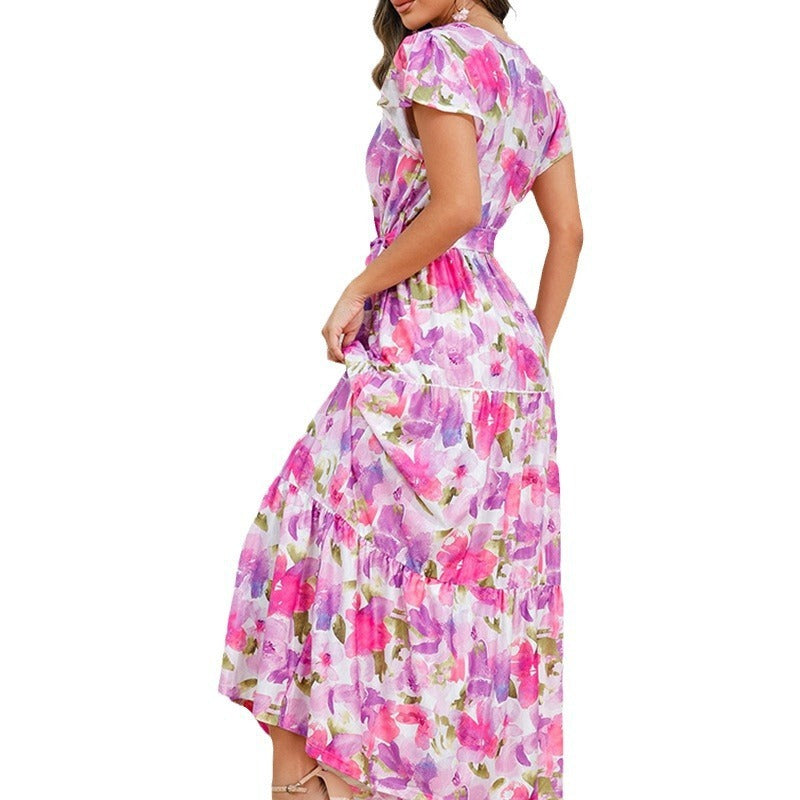 Fashion V-neck Ruffle Bohemian Printing Dress