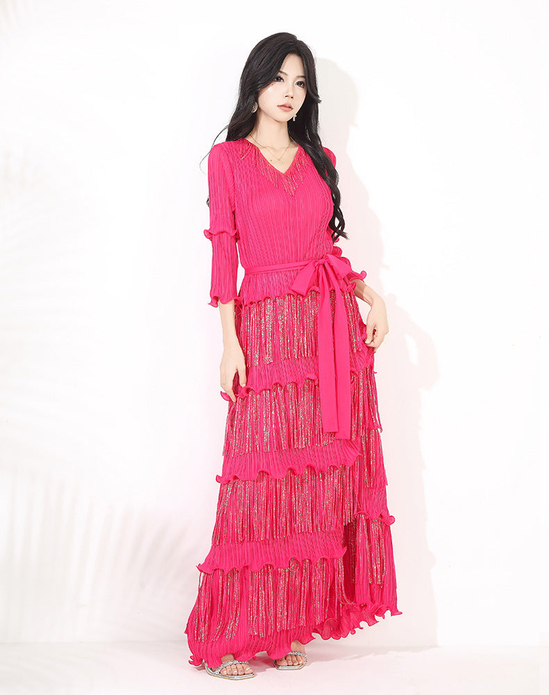 Slim-fit Slimming V-neckline Bronzing Tassel Dress