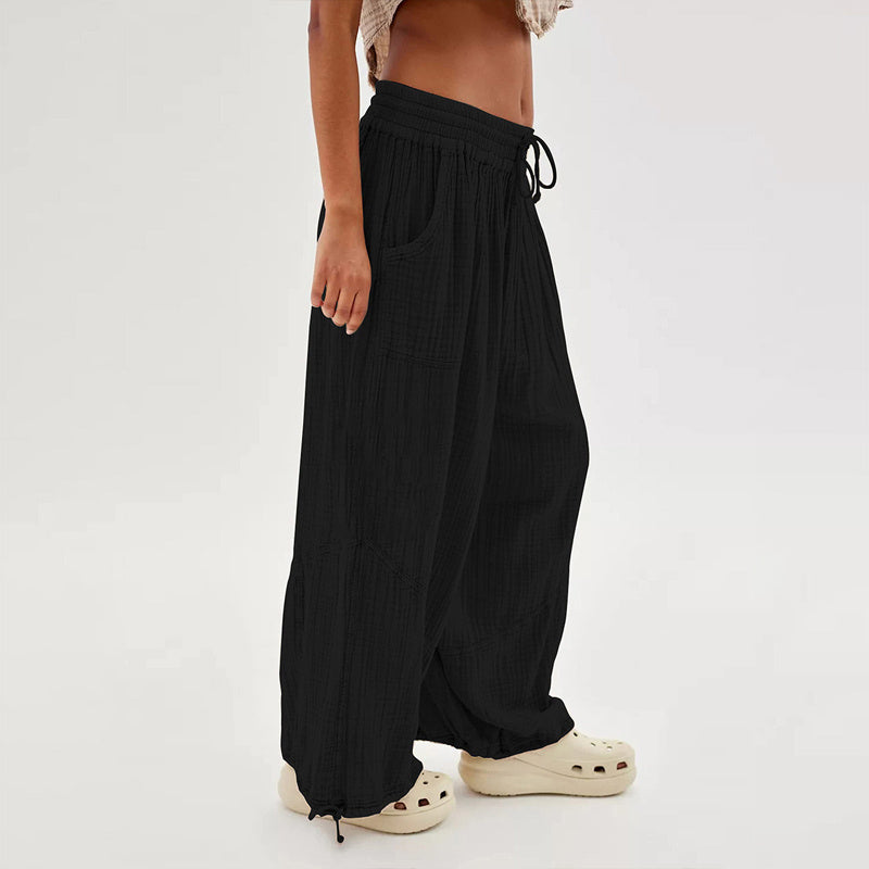 Women's Solid-color Wide-leg Pants With Elastic Drawstring Waist Elasticized Leg Cuffs Side Pockets For Spring&Fall Fashionable Simple Wear
