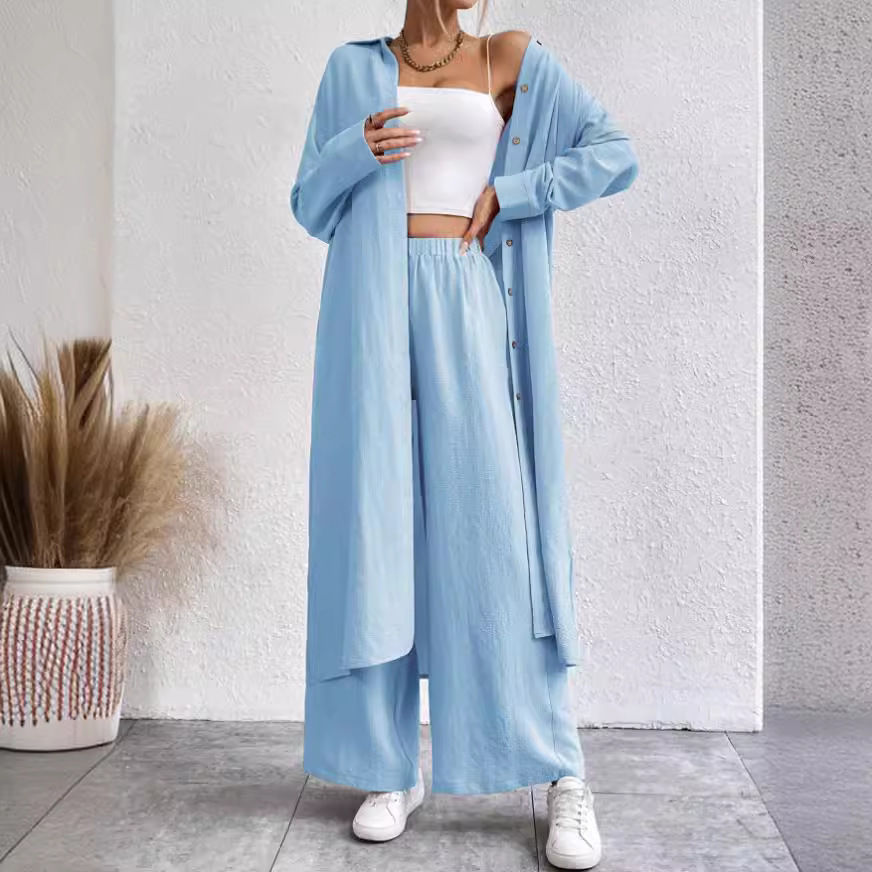Plus Size Loose Long Shirt Wide Leg Pants Two-piece Set