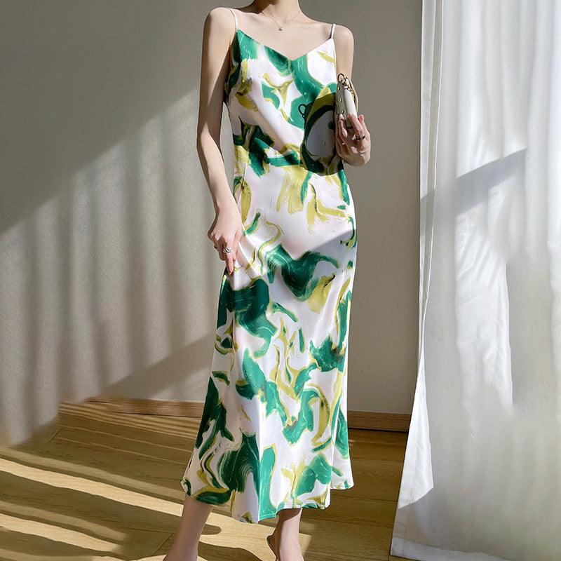 Women's V-neck Mid-length Satin Sling Dress