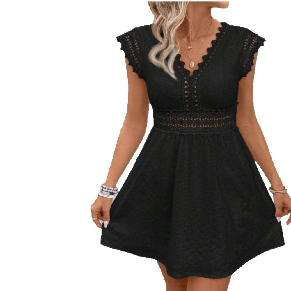 Lace V-neck Patchwork Shoulder Ruffled Sleeveless Dress