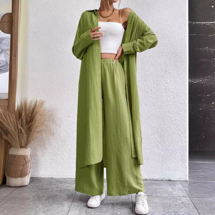 Plus Size Loose Long Shirt Wide Leg Pants Two-piece Set