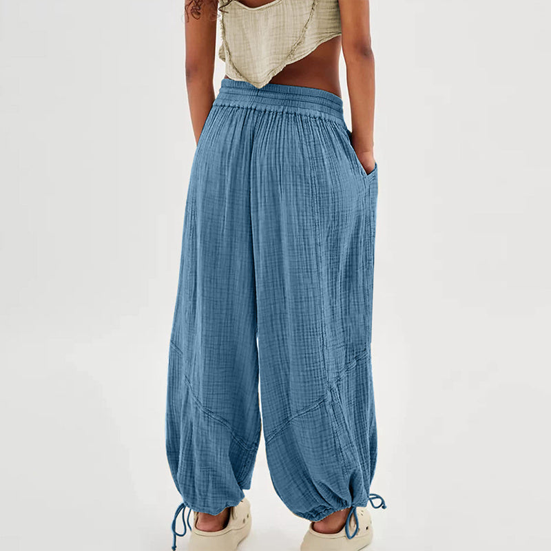 Women's Solid-color Wide-leg Pants With Elastic Drawstring Waist Elasticized Leg Cuffs Side Pockets For Spring&Fall Fashionable Simple Wear