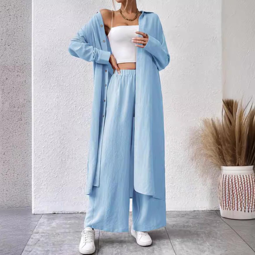 Plus Size Loose Long Shirt Wide Leg Pants Two-piece Set