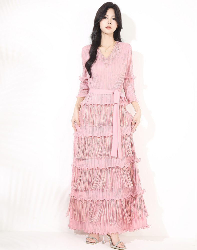 Slim-fit Slimming V-neckline Bronzing Tassel Dress