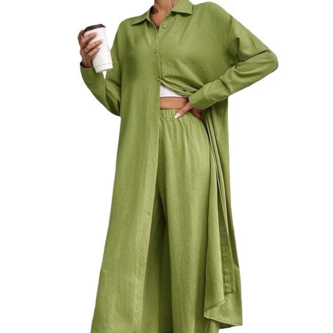 Plus Size Loose Long Shirt Wide Leg Pants Two-piece Set
