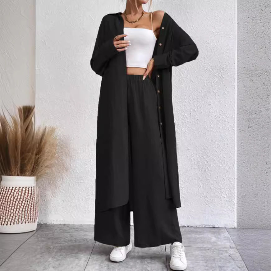 Plus Size Loose Long Shirt Wide Leg Pants Two-piece Set