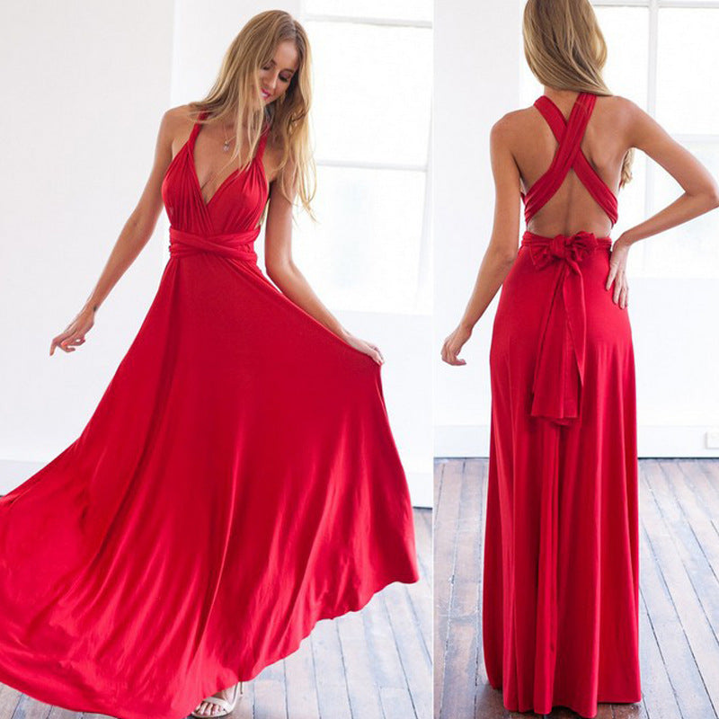 Women's Solid Color Multi-rope Cross Backless Bandage One-piece Dress