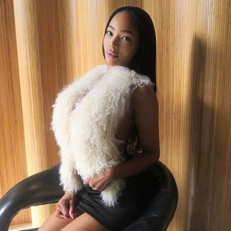 Sexy Bare Back Fur Collar Halter Vest