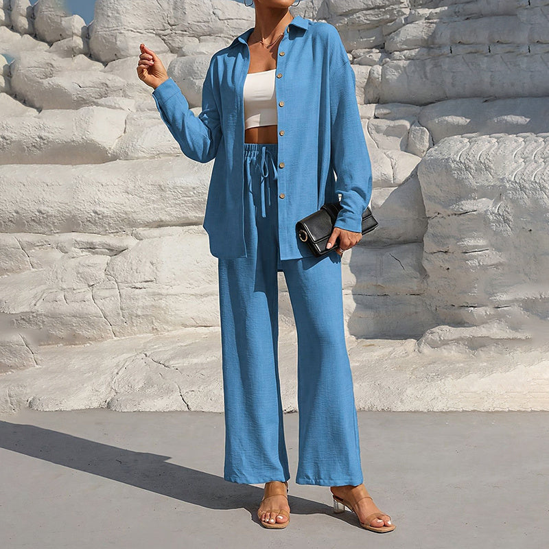 Women's Solid Color Lapel Long Sleeve Pants Set - Button-Up Casual Two-Piece Outfit With Drawstring Waist, Spring&Fall Lounge Wear