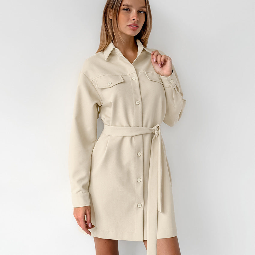 Lapel Drop Shoulder Sleeve Pocket Retro Dress Women