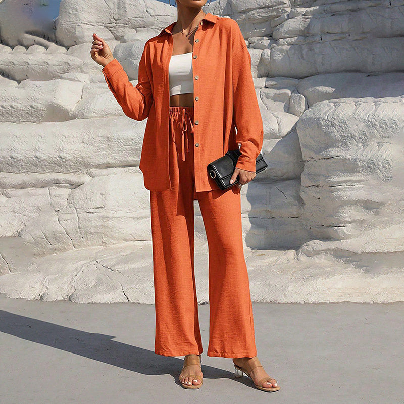 Women's Solid Color Lapel Long Sleeve Pants Set - Button-Up Casual Two-Piece Outfit With Drawstring Waist, Spring&Fall Lounge Wear