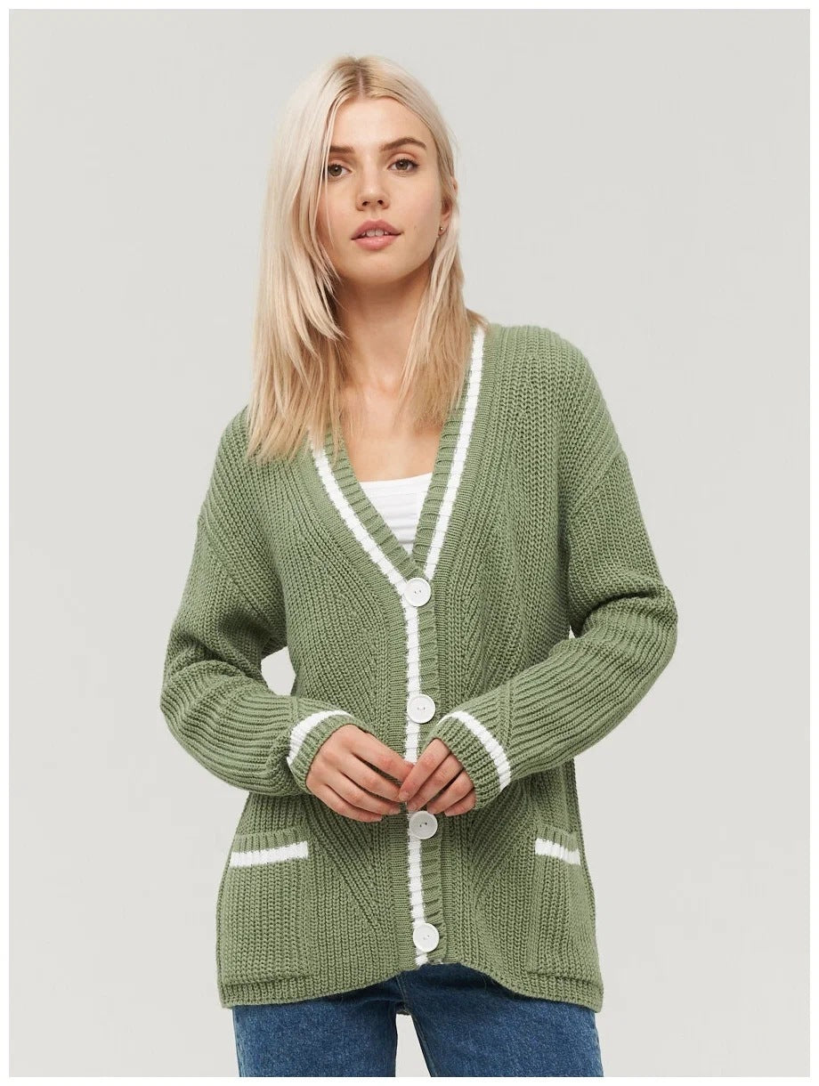 Women's All-match V-neck Pocket Color Matching Knitted Long Sleeve Sweater Coat