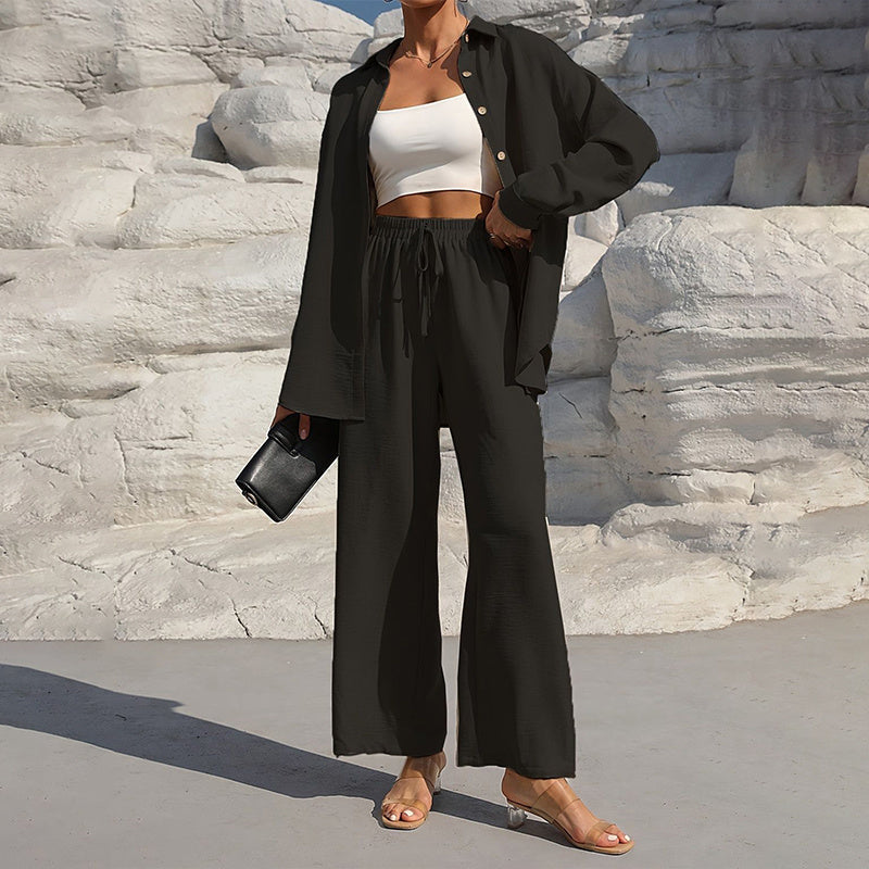 Women's Solid Color Lapel Long Sleeve Pants Set - Button-Up Casual Two-Piece Outfit With Drawstring Waist, Spring&Fall Lounge Wear