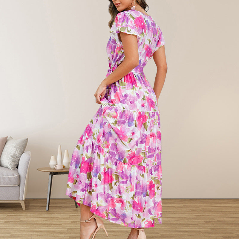 Fashion V-neck Ruffle Bohemian Printing Dress