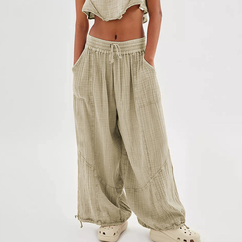 Women's Solid-color Wide-leg Pants With Elastic Drawstring Waist Elasticized Leg Cuffs Side Pockets For Spring&Fall Fashionable Simple Wear