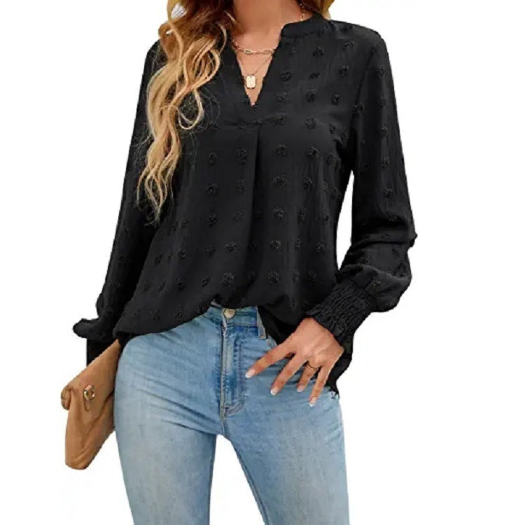 Dot Long-sleeved Bubble Sleeve V-neck Shirt Top