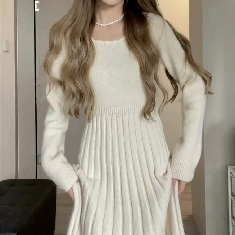 White Gentle French Knitted Sweater Base Dress