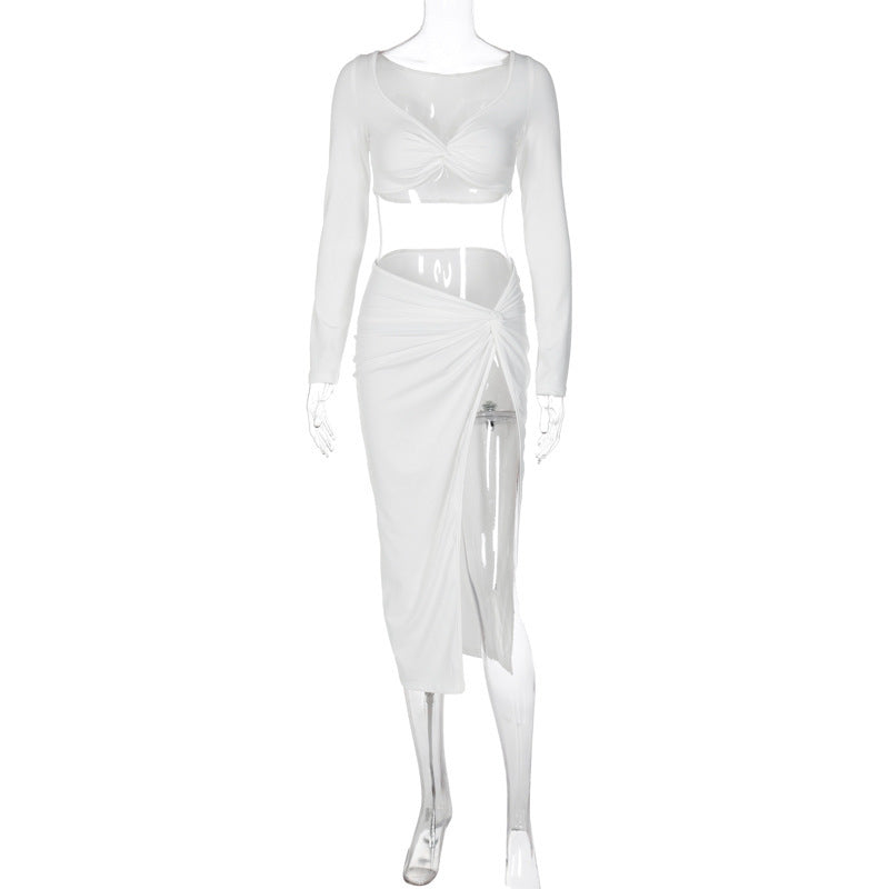 Tight High Waist Slit Skirt Two-piece Set