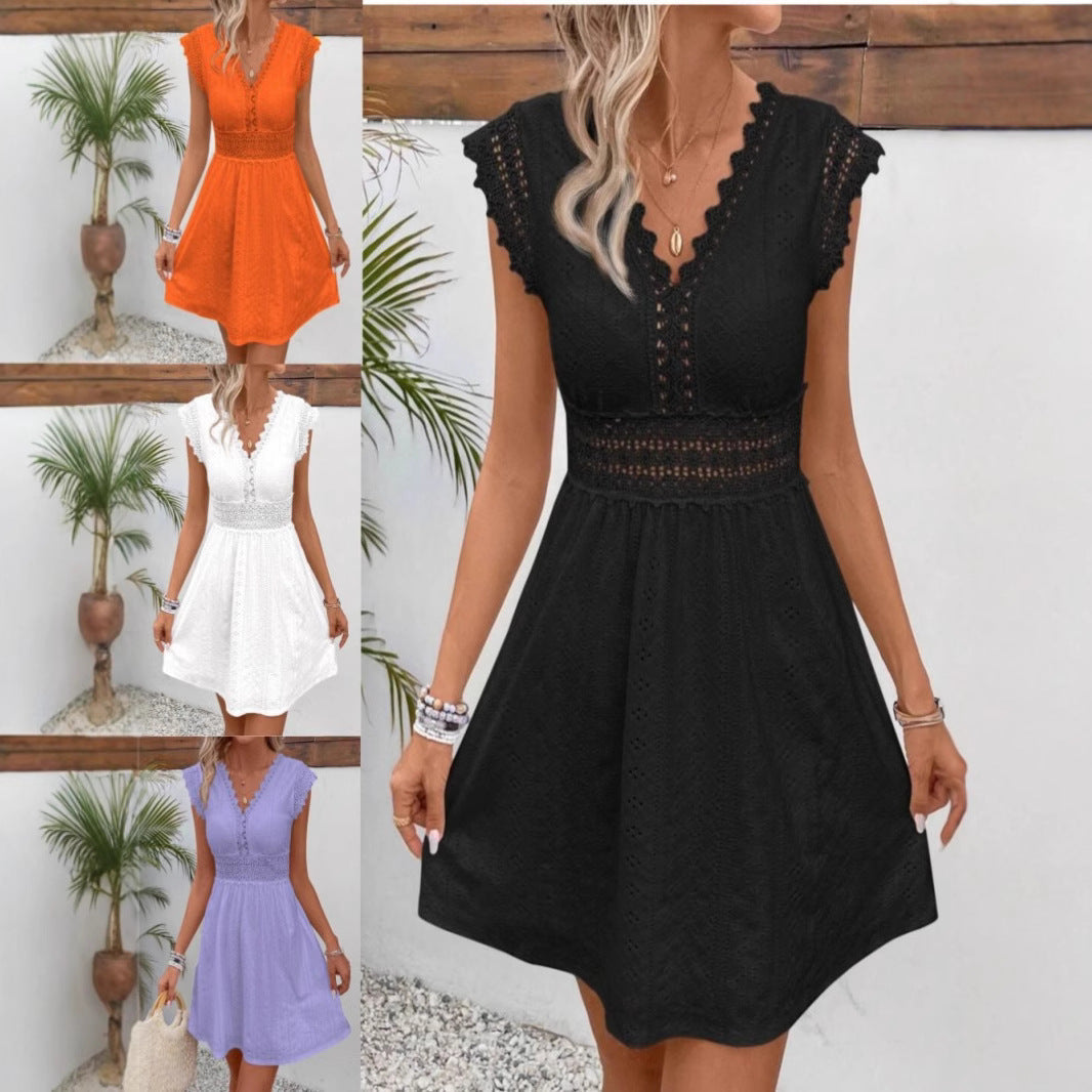 Lace V-neck Patchwork Shoulder Ruffled Sleeveless Dress