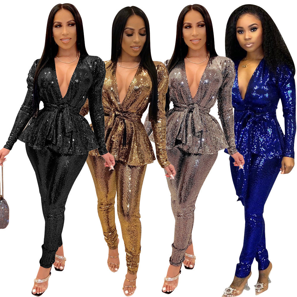 Women's Slim-fit Fashion Bronzing Long-sleeved Two-piece Suit