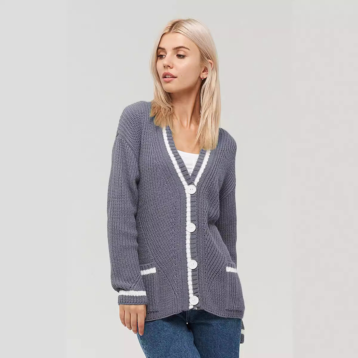 Women's All-match V-neck Pocket Color Matching Knitted Long Sleeve Sweater Coat