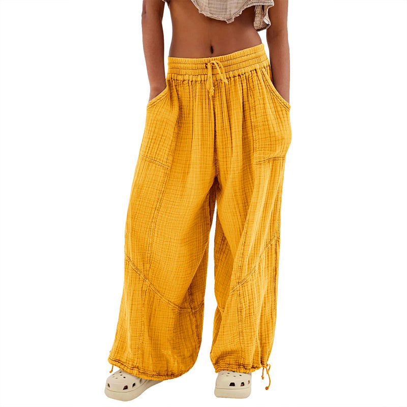 Women's Solid-color Wide-leg Pants With Elastic Drawstring Waist Elasticized Leg Cuffs Side Pockets For Spring&Fall Fashionable Simple Wear