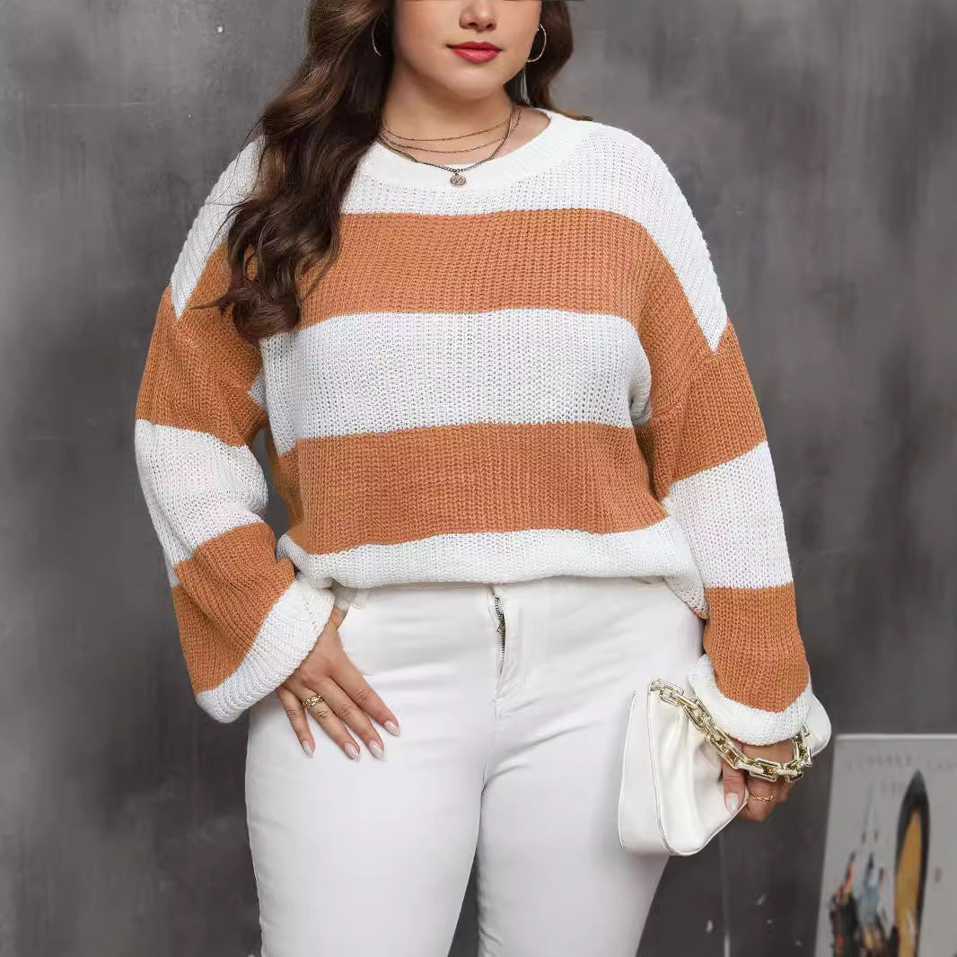 Plus Size Women's Clothing Style Contrast Color Striped Color Pullover Sweater