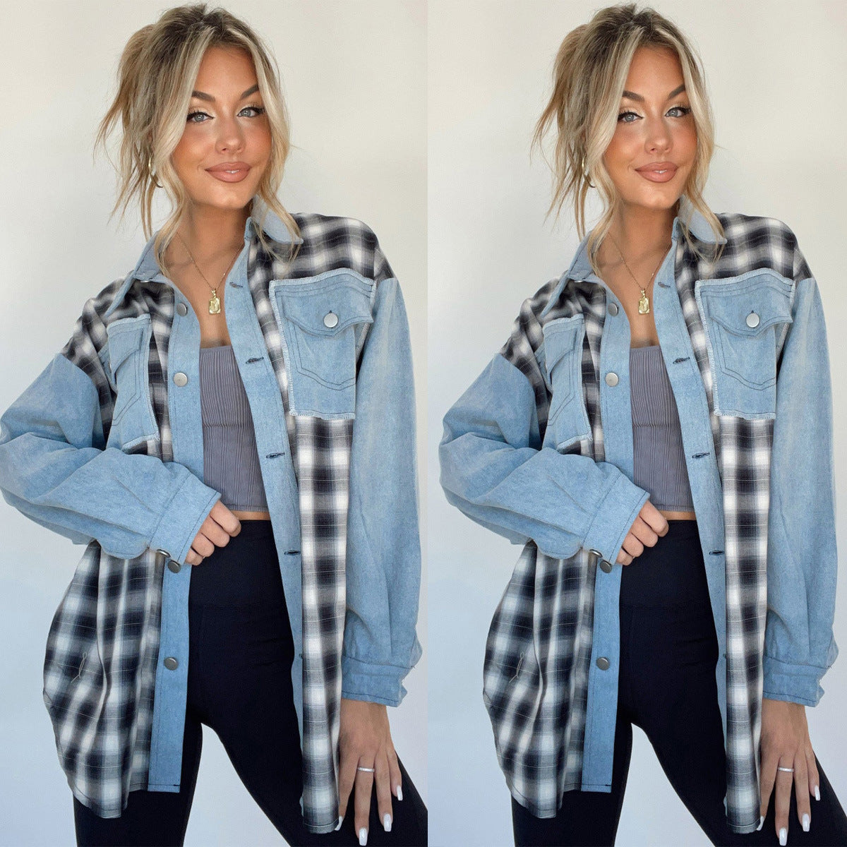 Loose Women's Denim Stitching Plaid Coat Top