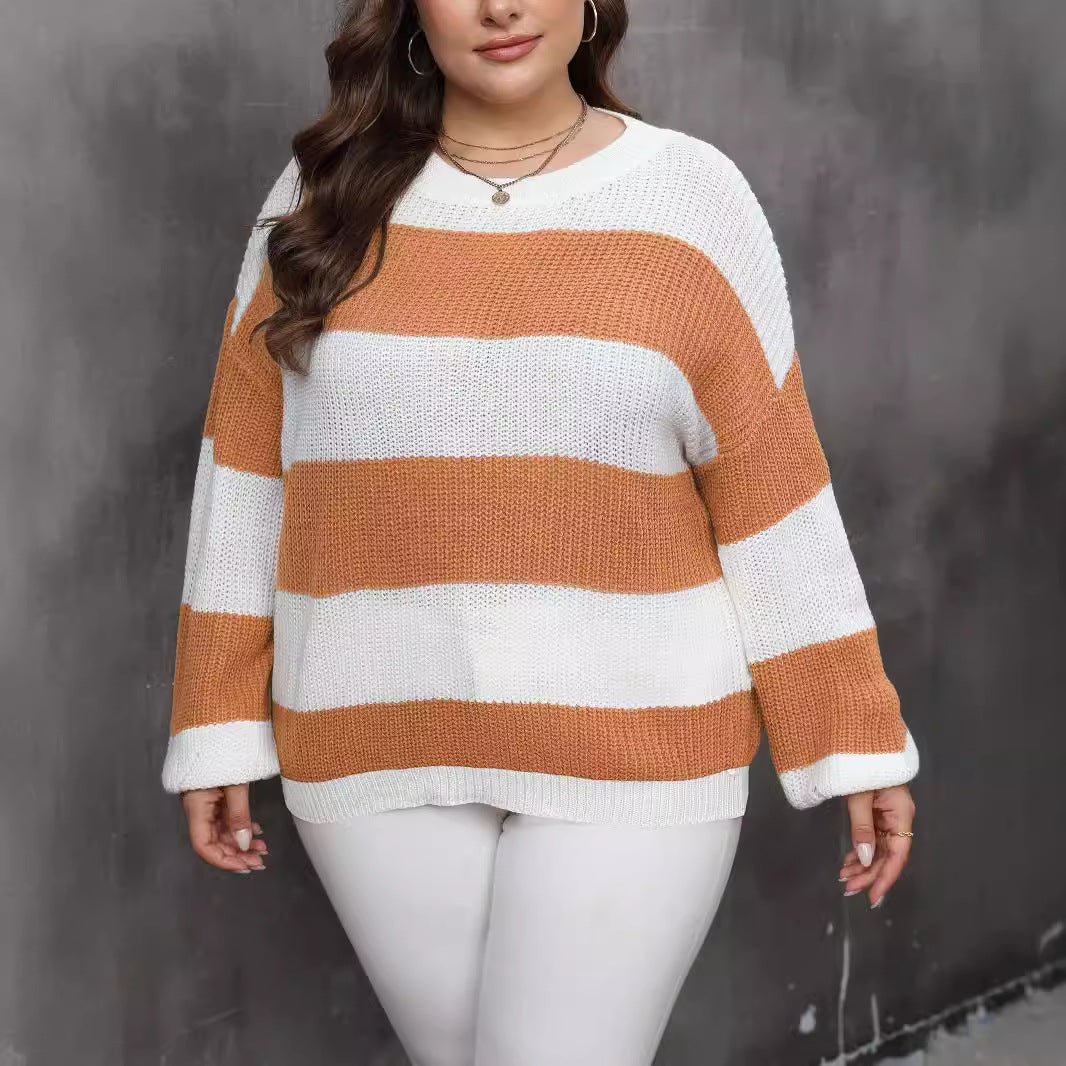 Plus Size Women's Clothing Style Contrast Color Striped Color Pullover Sweater