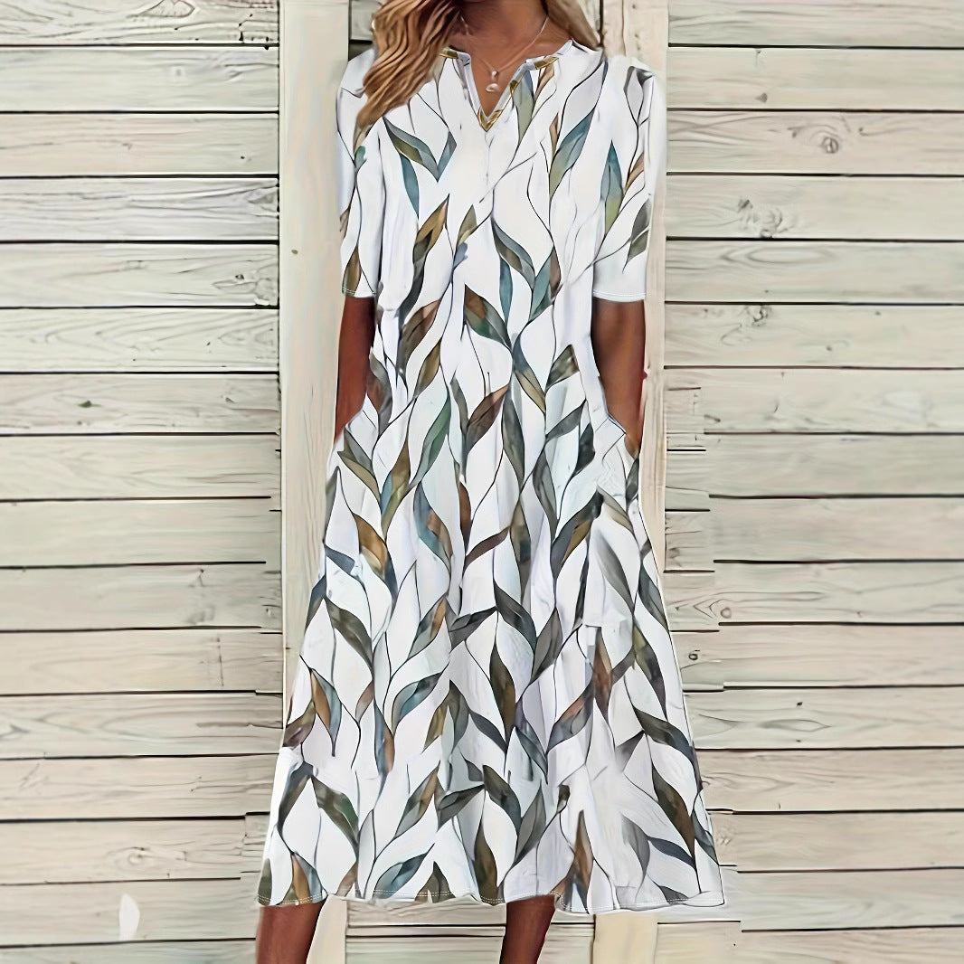 Four Seasons Leisure Printed Loose Fashion V-neck Printed Dress