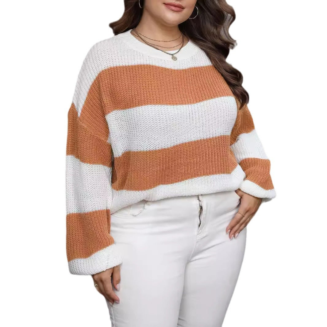 Plus Size Women's Clothing Style Contrast Color Striped Color Pullover Sweater