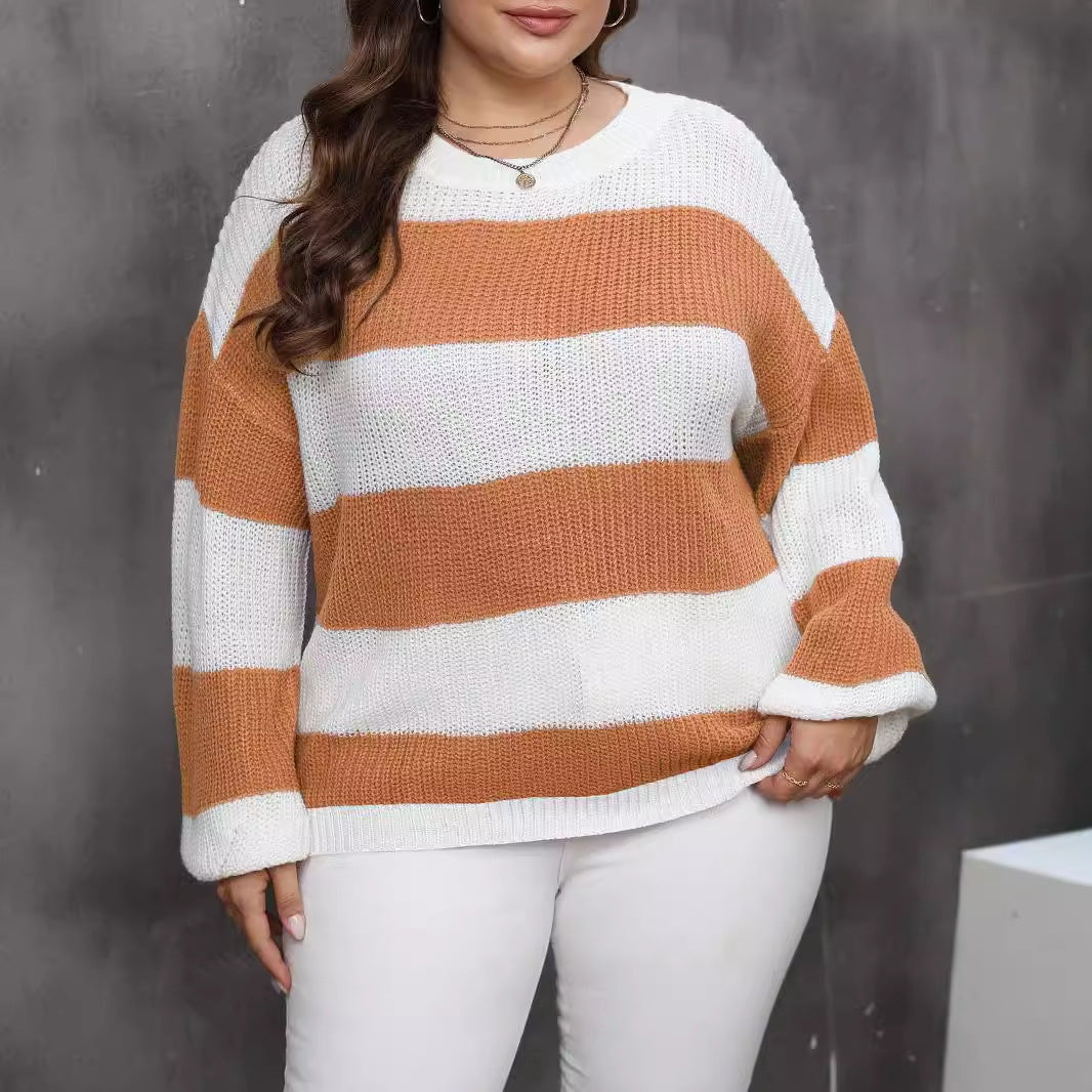 Plus Size Women's Clothing Style Contrast Color Striped Color Pullover Sweater