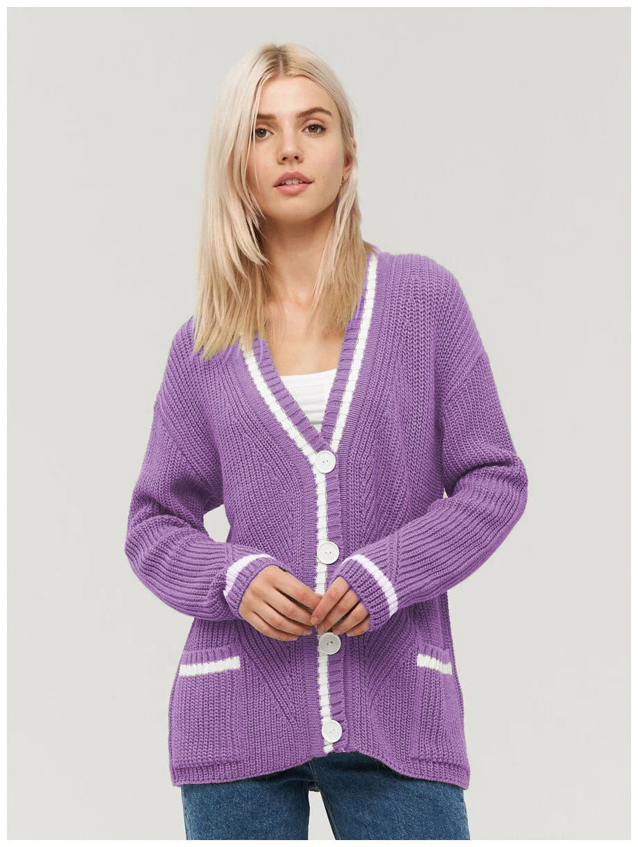 Women's All-match V-neck Pocket Color Matching Knitted Long Sleeve Sweater Coat