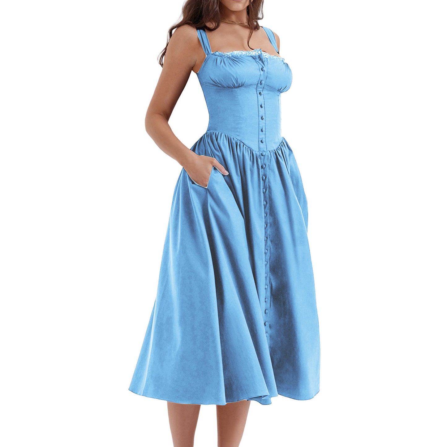 New Spring And Summer European And American Style Spaghetti Straps Chest Wrap Small Floral Solid Color Dress